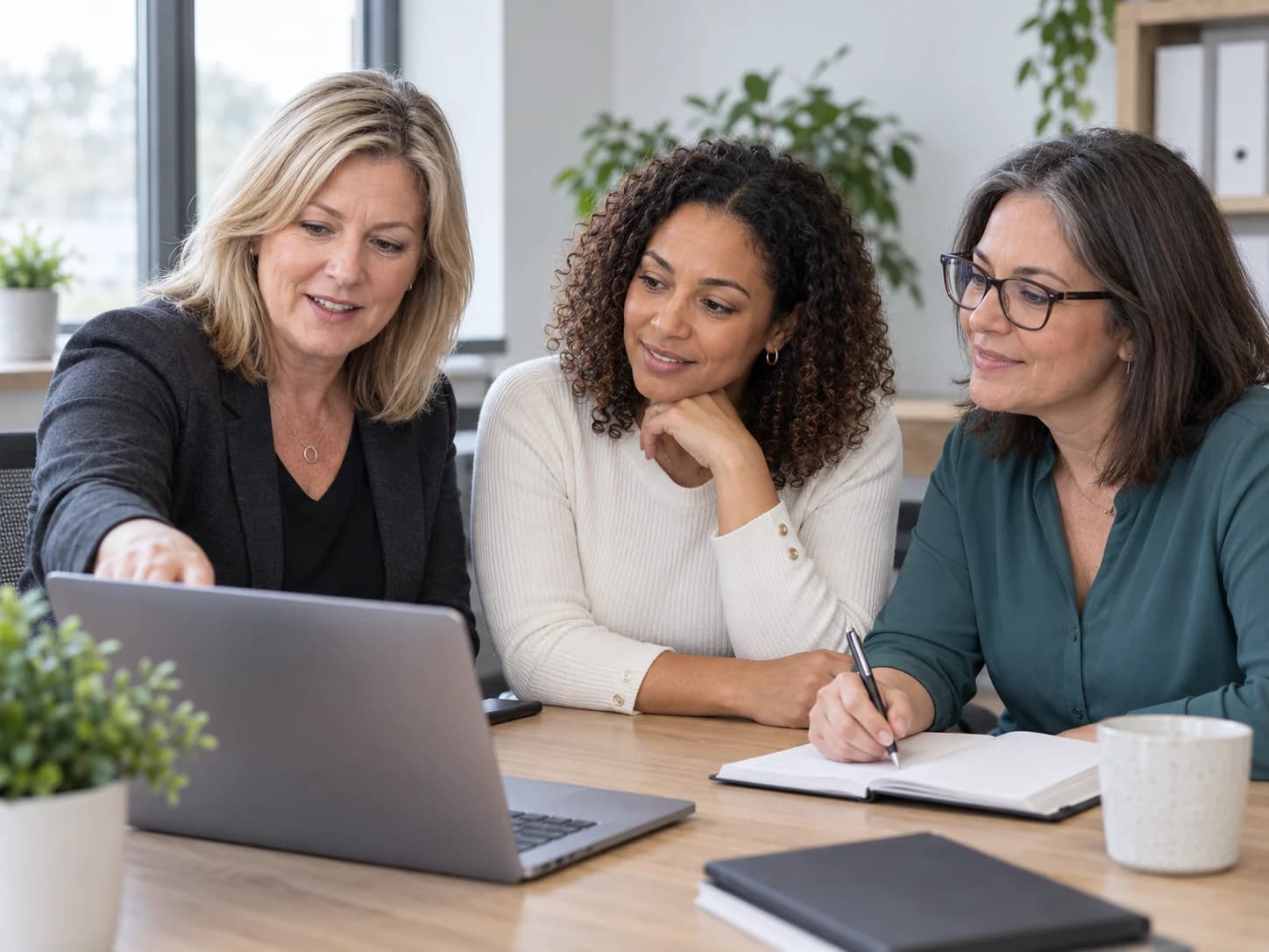 Three medical administrators reviewing work together at a desk