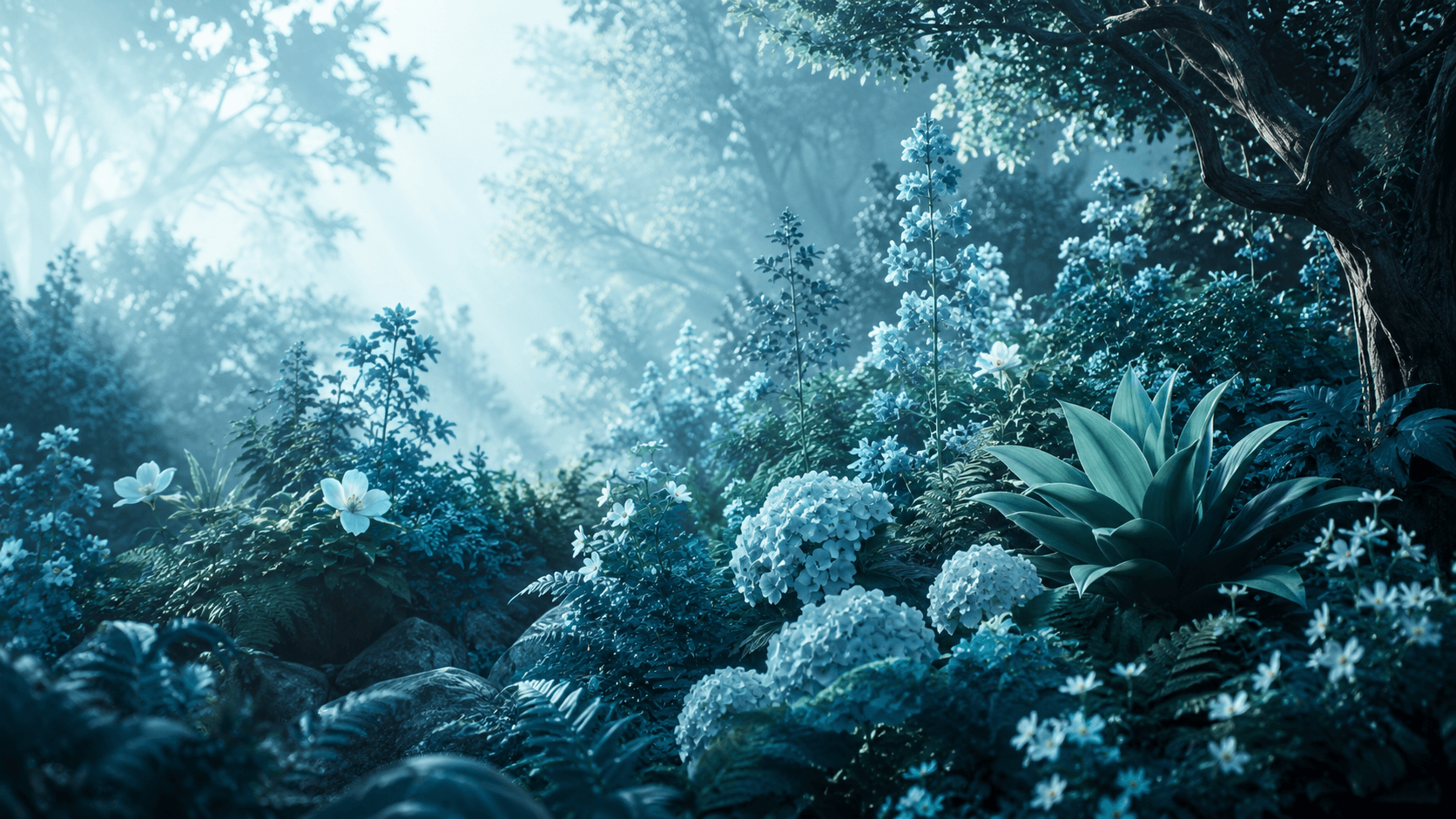 A lush garden of flowers beneath a tree canopy
